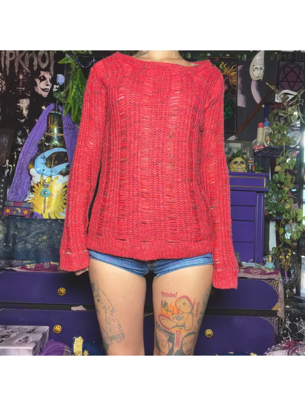 Wet Seat Dusty Red Distressed Knit Sweater Size Medium